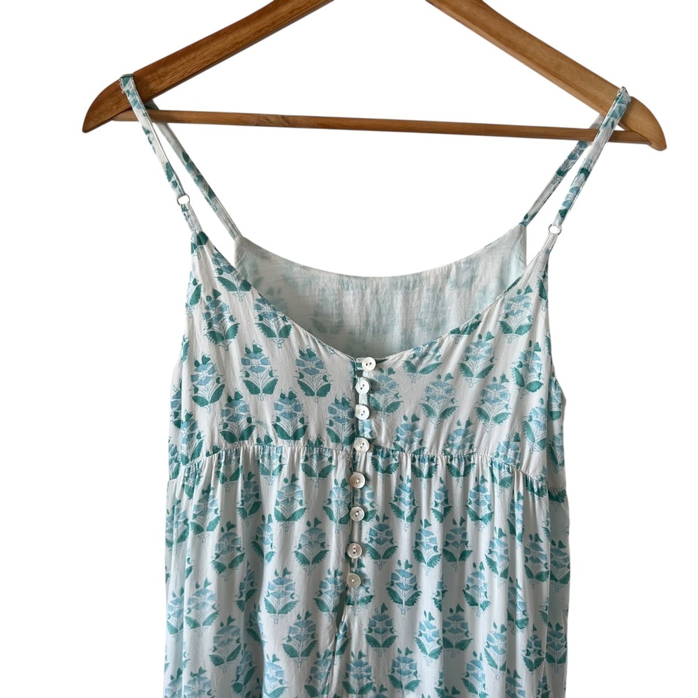 J. Marie Blue Block Print Tiered A Line Midi Dress SZ XS Boho Flowy Beach - Picture 4 of 9